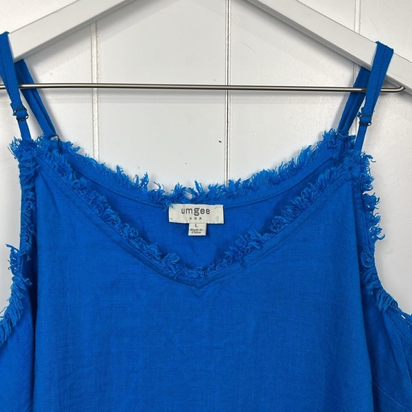 Umgee Womens Tank Top Royal Blue L Adj Slip Straps Fringe Details Linen/Rayon - Picture 3 of 10